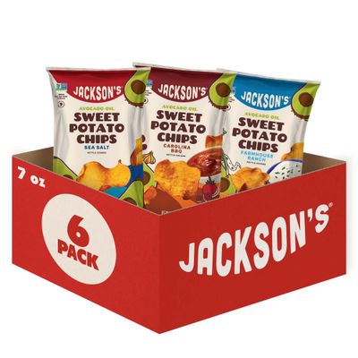 Jackson s Sweet Potato Kettle Chips Avocado Oil Variety Pack made with Premium Oils (7oz, Pack of 6) Sea Salt, Ranch and BBQ Flavors - Allergen-friendly, Gluten Free, Vegan