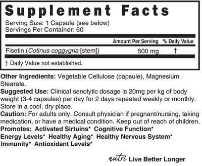Nature's Fusions Nutri Fisetin 500mg 60 Count - Clinical Dosage - Fisetin Supplements - Powerful Senolytic Activator, Antioxidant, Brain Support - Natural Polyphenols - 60 Count