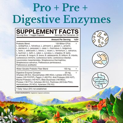 Vitalitown Probiotics 120 Billion CFUs 36 Strains, with Prebiotics Digestive Enzymes for Men Women Shelf Stable Digestive Immune Support Vegan 60 Delayed Release Veg Caps