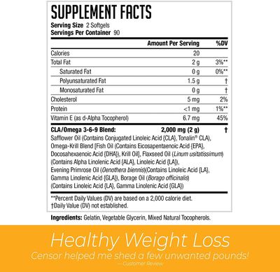 NDS Nutrition Censor - Fat Loss and Body Toner with CLA, Fish Oil, Safflower and Omega 3-6-9 Blend - Dietary Supplement for Improved Energy, Metabolism and Health - 180 Softgels