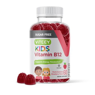 Vitamin B12 for Kids Gummies, 1000mcg - Sugar Free - Metabolism, Natural Energy Support - Vegan, Gelatin Free, Gluten Free, GMO Free - Tasty Chewable B12 Strawberry Flavored Gummy