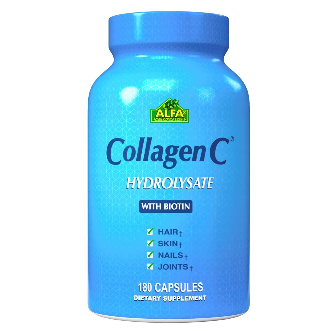 CollagenC - Collagen Hydrolysate Capsules with Biotin by Alfa Vitamins - Anti-Aging Nutritional Supplement for Skin, Nails Hair Rejuvenation - Supports Bone Muscle - Made in USA - 180 Capsules