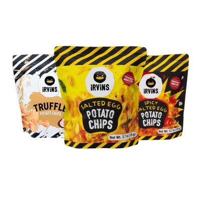 IRVINS Potato Chips Crisps Variety Pack Of 3: Salted Egg Potato Chips (3.7 oz), Spicy Salted Egg Potato Chips (3.7 oz), Truffle Potato Chips (2.5 oz)