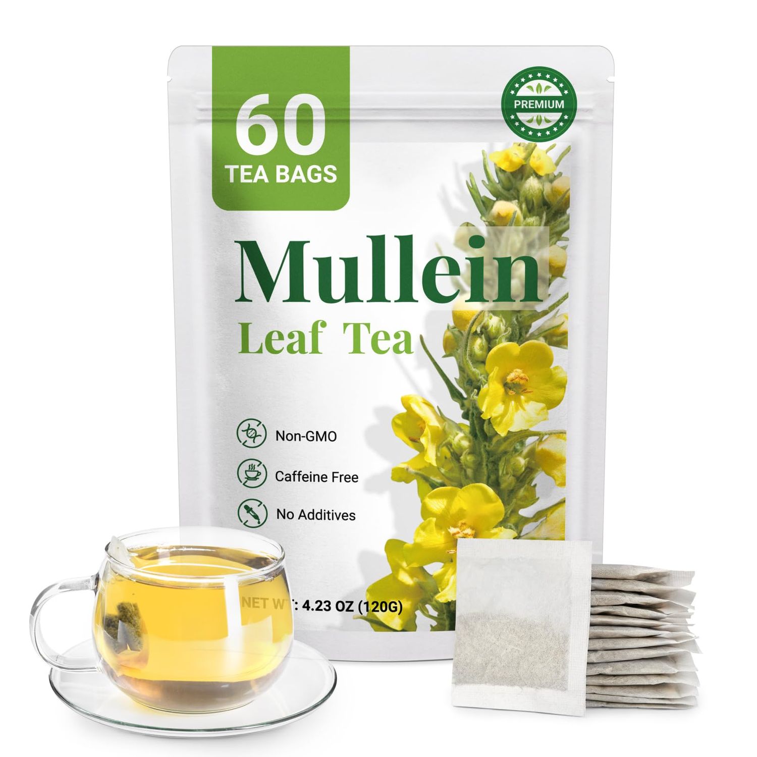 Premium 60 Mullein Tea Bags For Lungs - 100 Pure Mullein Leaf For Lung Health Respiratory Wellness Support Caffeine Free - No Additives Non-GMO