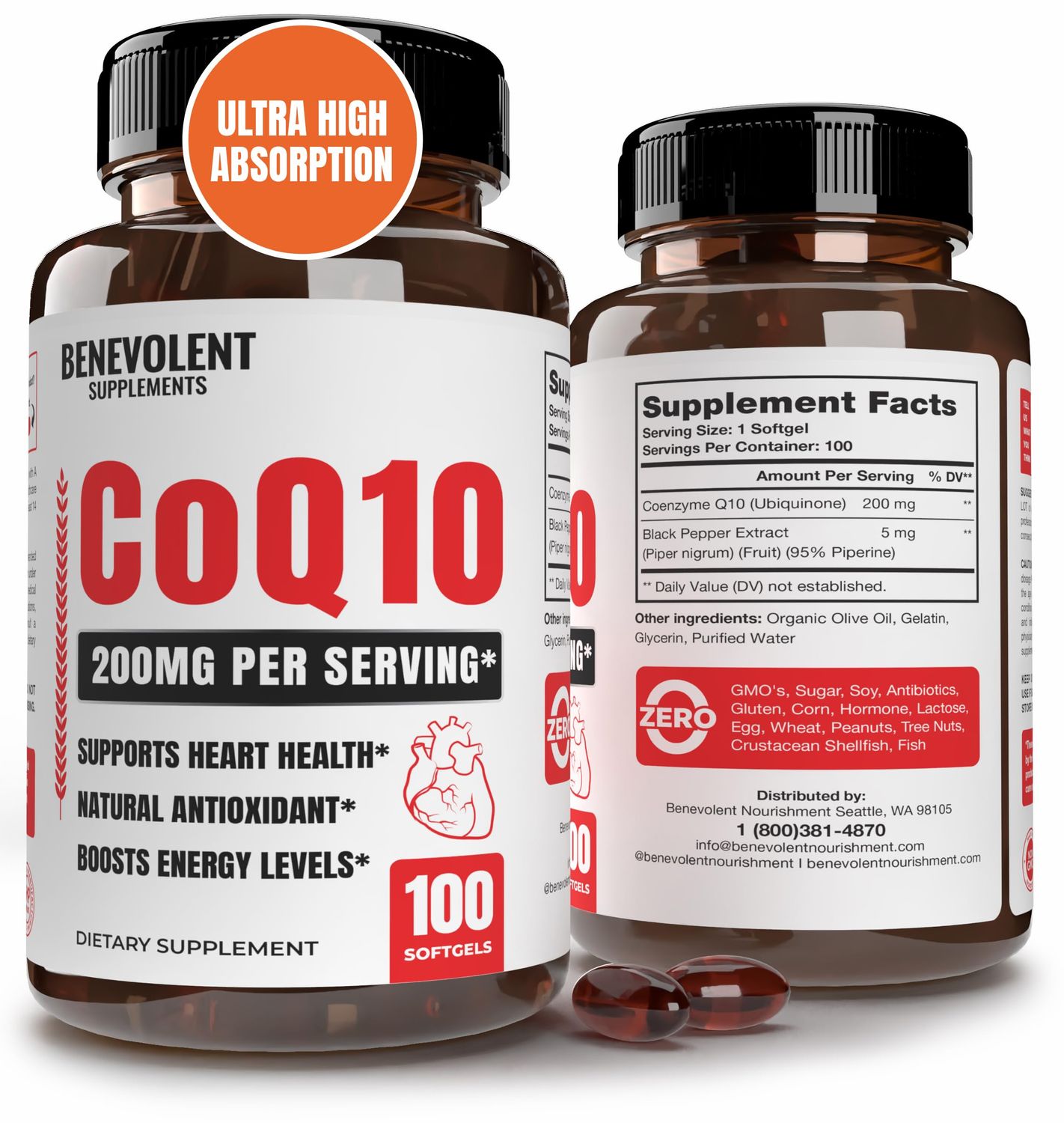 Premium CoQ10 200mg Softgels, Coenzyme Q10 Supplement with Enhanced Absorption, Antioxidant Formula for Heart Health, Energy Production Healthy Aging, Non-GMO, 100 Count