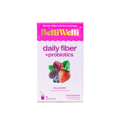 Belli Welli Daily Fiber Supplement Packets with Collagen, Probiotics Electrolytes Single Serve Packets for Gut Health, Digestion Debloating Wild Berry 10 Count