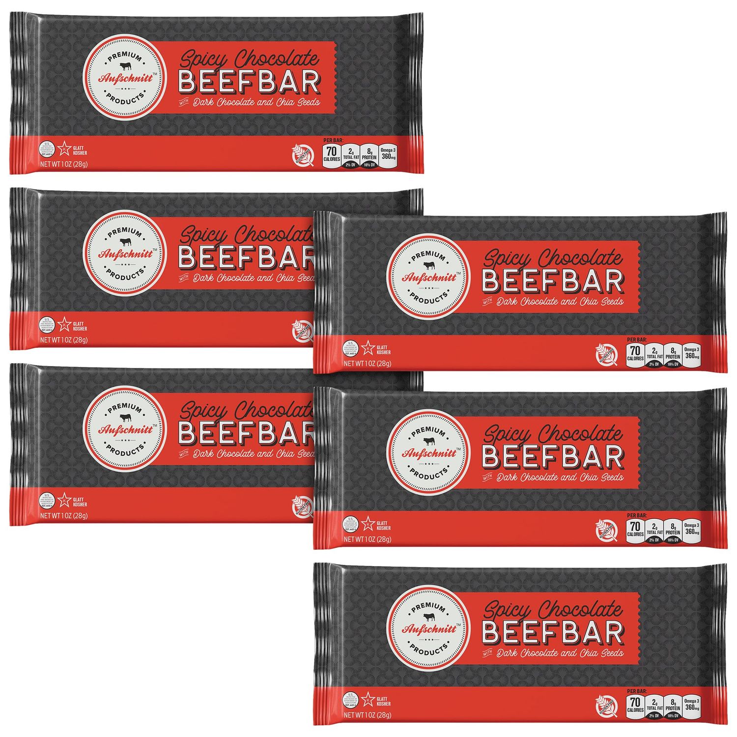 Aufschnitt Beef Bars - High Protein Snack with Grass Fed Beef - Kosher, Halal, and Keto Friendly - Dark Chocolate and Chia Seeds, 6 Count