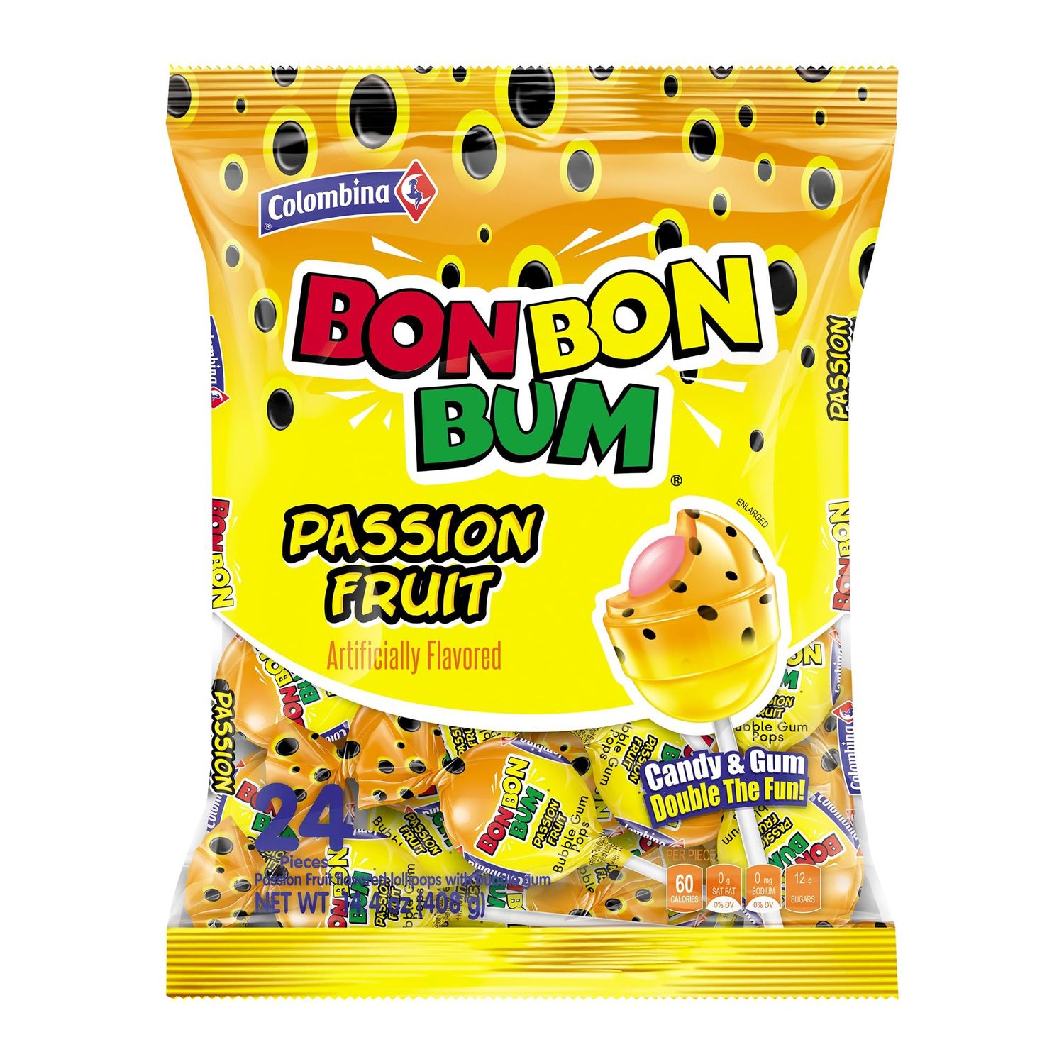 Colombina Bon Bon Bum Lollipops Tropical Passion Fruit Flavor, 24 Count (Pack of 1)