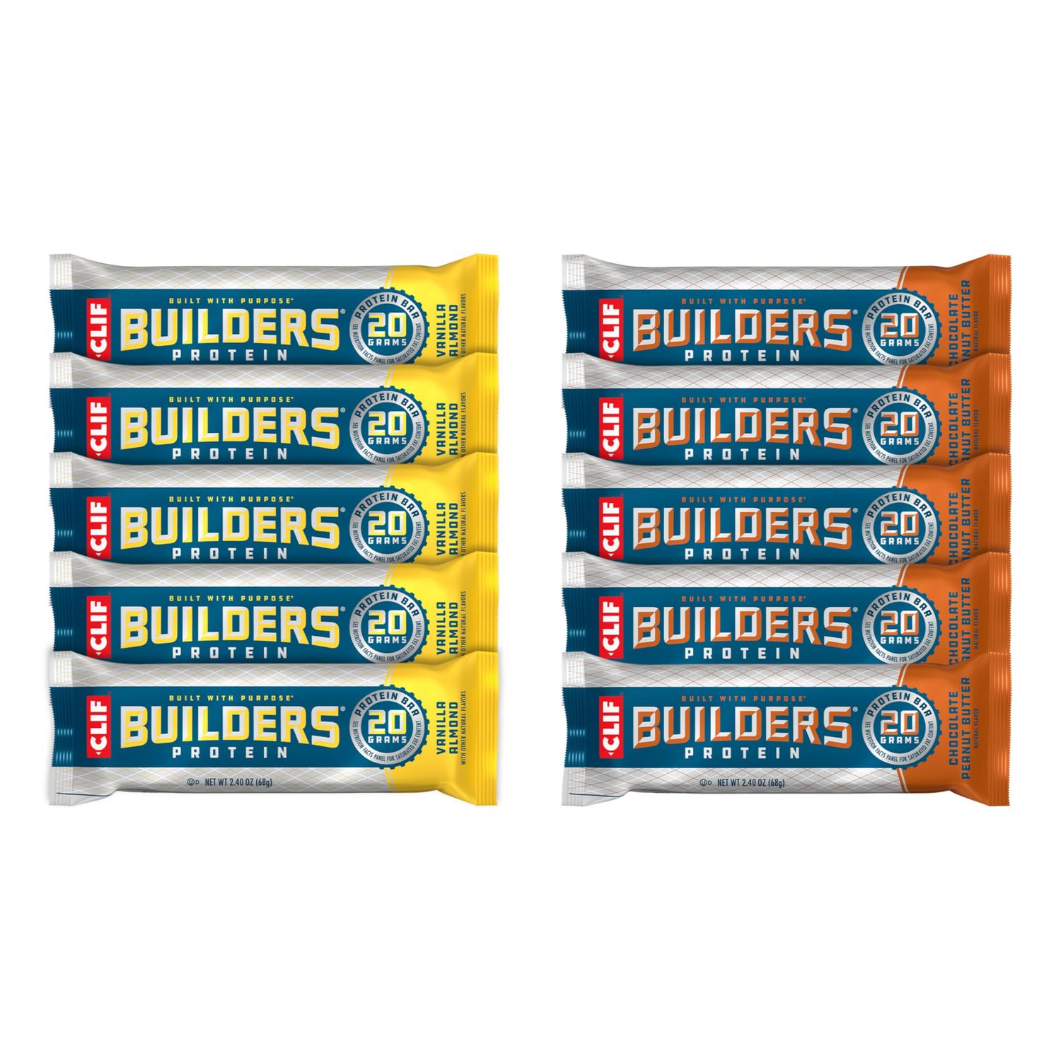 CLIF Builders - Chocolate Peanut Butter and Vanilla Almond Flavor - Variety Pack - Plant Based Protein Bars - Gluten Free - Non-GMO - Low Glycemic - 20g Protein - 2.4 oz. (10 Count)