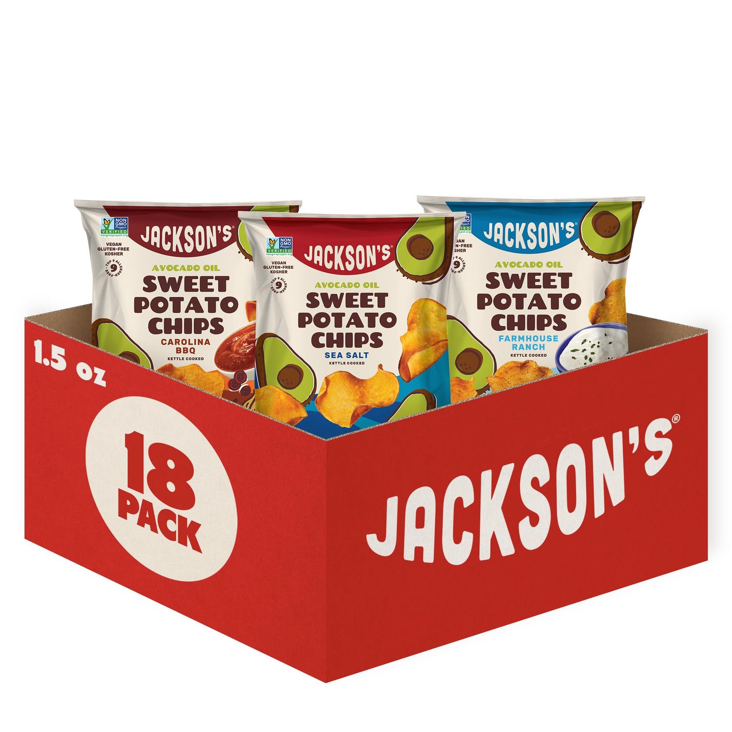 Jackson s Sweet Potato Kettle Chips Avocado Oil Variety Pack made with Premium Oils (1.5 oz, Pack of 18) Sea Salt, Ranch, and BBQ Flavors - Allergen-friendly, Gluten Free, Vegan