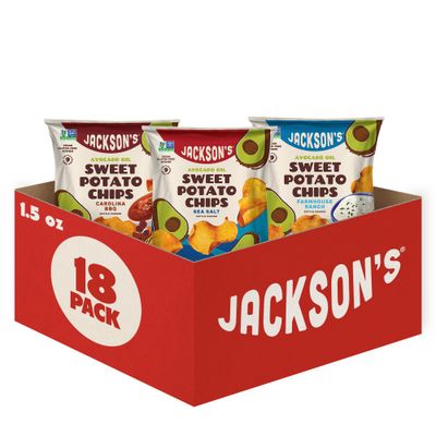 Jackson s Sweet Potato Kettle Chips Avocado Oil Variety Pack made with Premium Oils (1.5 oz, Pack of 18) Sea Salt, Ranch, and BBQ Flavors - Allergen-friendly, Gluten Free, Vegan