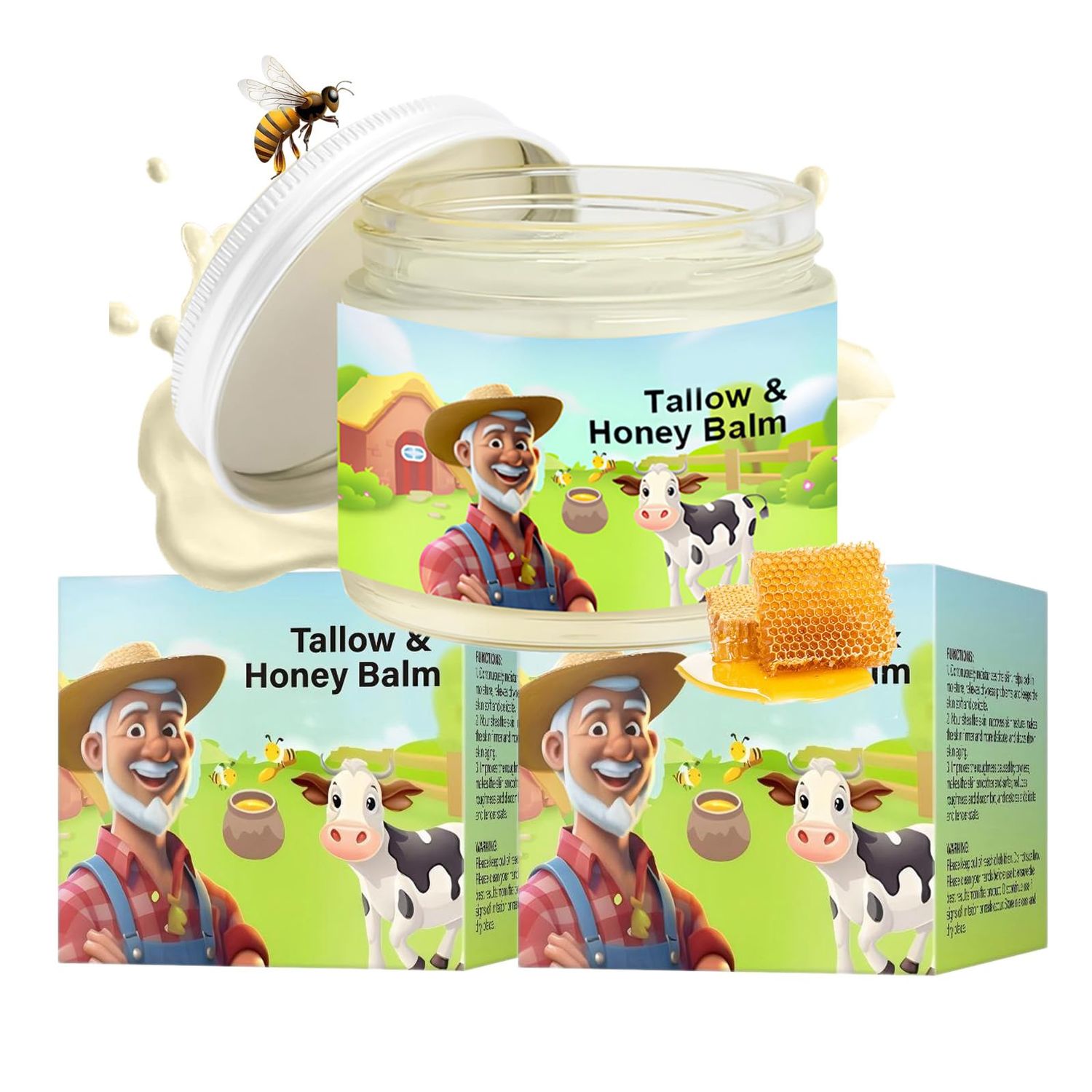 Tallow Honey Balm,2Pcs Tallow Face Moisturizer with Grass-Fed Beef Tallow Raw Wild Honey for Smooth, Hydrated Skin(2 x 60g)