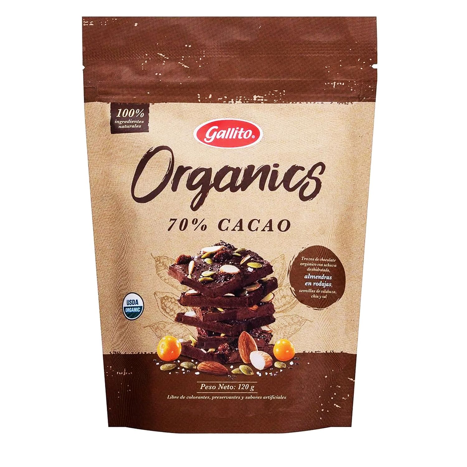 Gallito Organic Dark Chocolate Chunks with Dried Fruit, Sliced Almonds, Pumpkin Seeds, Chia Sea Salt - 120g - No Artificial Colors or Preservatives