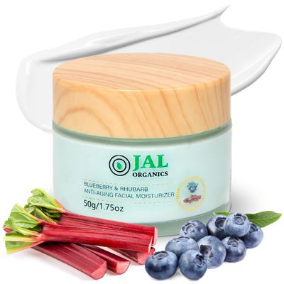 Jal Organics Blueberry Rhubarb Anti Aging Face Cream for Women - Lightweight Facial Cream Moisturizer for Wrinkles Fine Lines - Hydrating Antioxidant-Rich Collagen Cream for Face - 1.75 Ounces