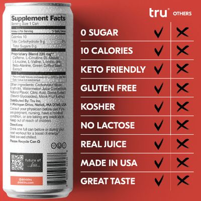 Tru Power Seltzer, Watermelon Flavored Sparkling Water Made with Real Fruit Juice - Pre Workout Drink plus Amino Acids - Natural Caffeine, Kosher, GF, No Added Sugar Beverages, 12oz (Pack of 24)