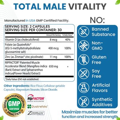 Total Male Vitality- Advanced Muscle Building Supplement for Men with RipFactor, Zinc Picolinate, Vitamin D3 Folate- Muscle Accelerator Builder, Nitric Oxide, Natural Energy Supplement- 60 Count