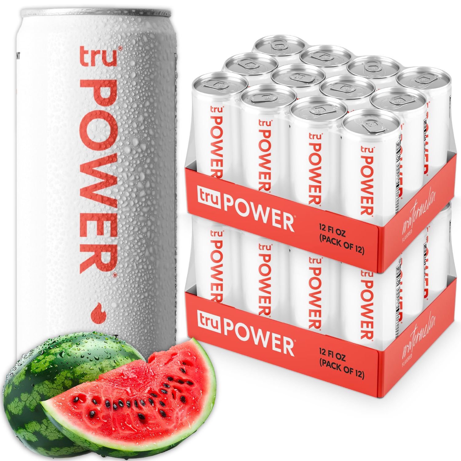 Tru Power Seltzer, Watermelon Flavored Sparkling Water Made with Real Fruit Juice - Pre Workout Drink plus Amino Acids - Natural Caffeine, Kosher, GF, No Added Sugar Beverages, 12oz (Pack of 24)