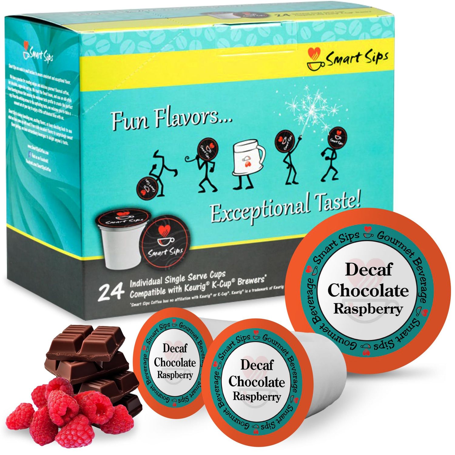 Smart Sips, Decaf Chocolate Raspberry Coffee, Medium Roast, Decaffeinated Gourmet Flavored Coffee Single Serve Pods for Keurig K-Cup Brewers, 24 Count