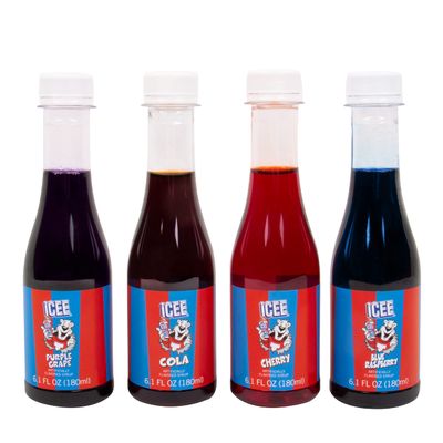 ICEE 4 Pack Slushie Syrups. Genuine ICEE Slushy syrups including Purple Grape, Cola, Blue Raspberry and Cherry Flavors. 4 x 6.1floz. Officially Licensed ICEE Merchandise from Fizz Creations.