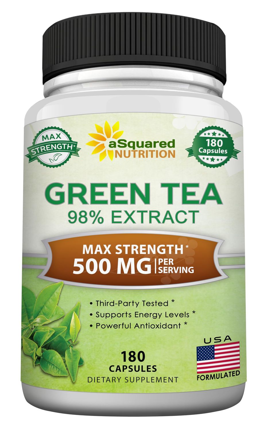 aSquared Nutrition Green Tea Extract with EGCG - 180 Capsules - 500mg per Capsule - 75 Polyphenols, 45 EGCG - Antioxidant Support, Heart Health, Natural Detox - Low Caffeine Supplement