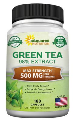 aSquared Nutrition Green Tea Extract with EGCG - 180 Capsules - 500mg per Capsule - 75 Polyphenols, 45 EGCG - Antioxidant Support, Heart Health, Natural Detox - Low Caffeine Supplement