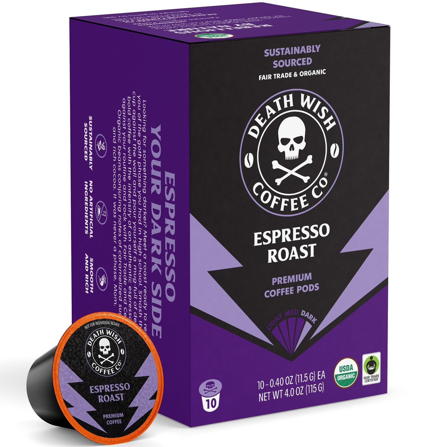 Death Wish Coffee Co. Espresso Roast Single Serve Coffee Pods - Fair Trade and Organic Coffee (10 Count)