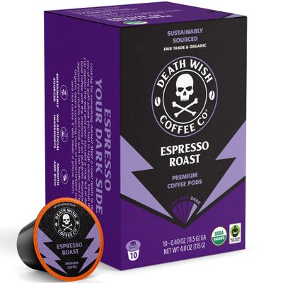 Death Wish Coffee Co. Espresso Roast Single Serve Coffee Pods - Fair Trade and Organic Coffee (10 Count)