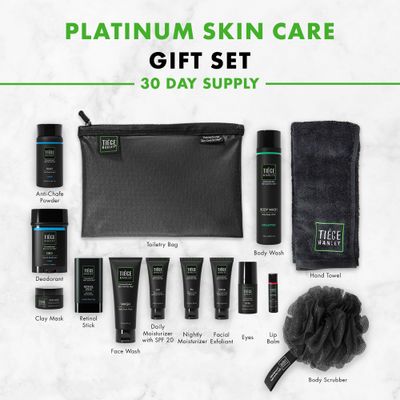 Tiege Hanley Mens Skin Care Gift Box Set, Platinum - Men's Skincare Set Includes Face Wash, AM PM Moisturizer, Scrub, Eye Cream, Clay Mask, Retinol Stick, Body Wash, Deodorant, Lip Balm