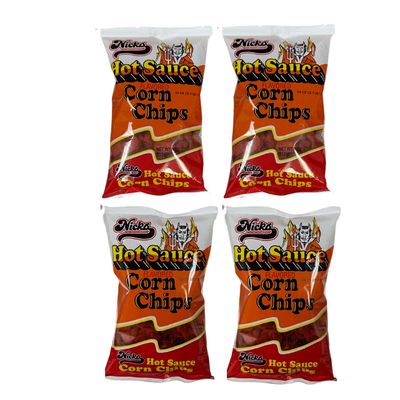 Nick&#39;s Hot Sauce Corn Chips, Spicy Snack, 4 oz Bags, Pack of 4