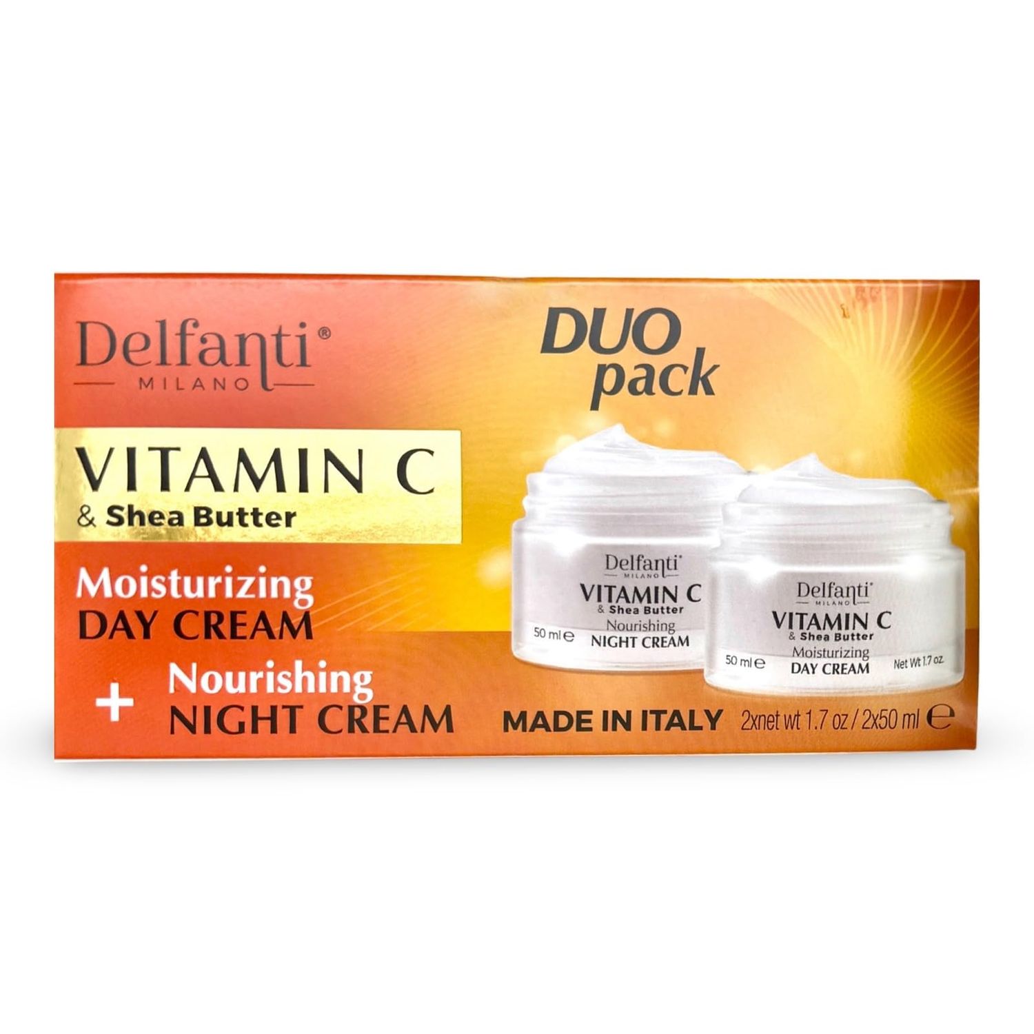 Delfanti-Milano VITAMIN C SHEA BUTTER DUO pack Day Night Creams Face, Neck D collet Moisturizing and Nourishing Cream for renewed complexion Made in Italy