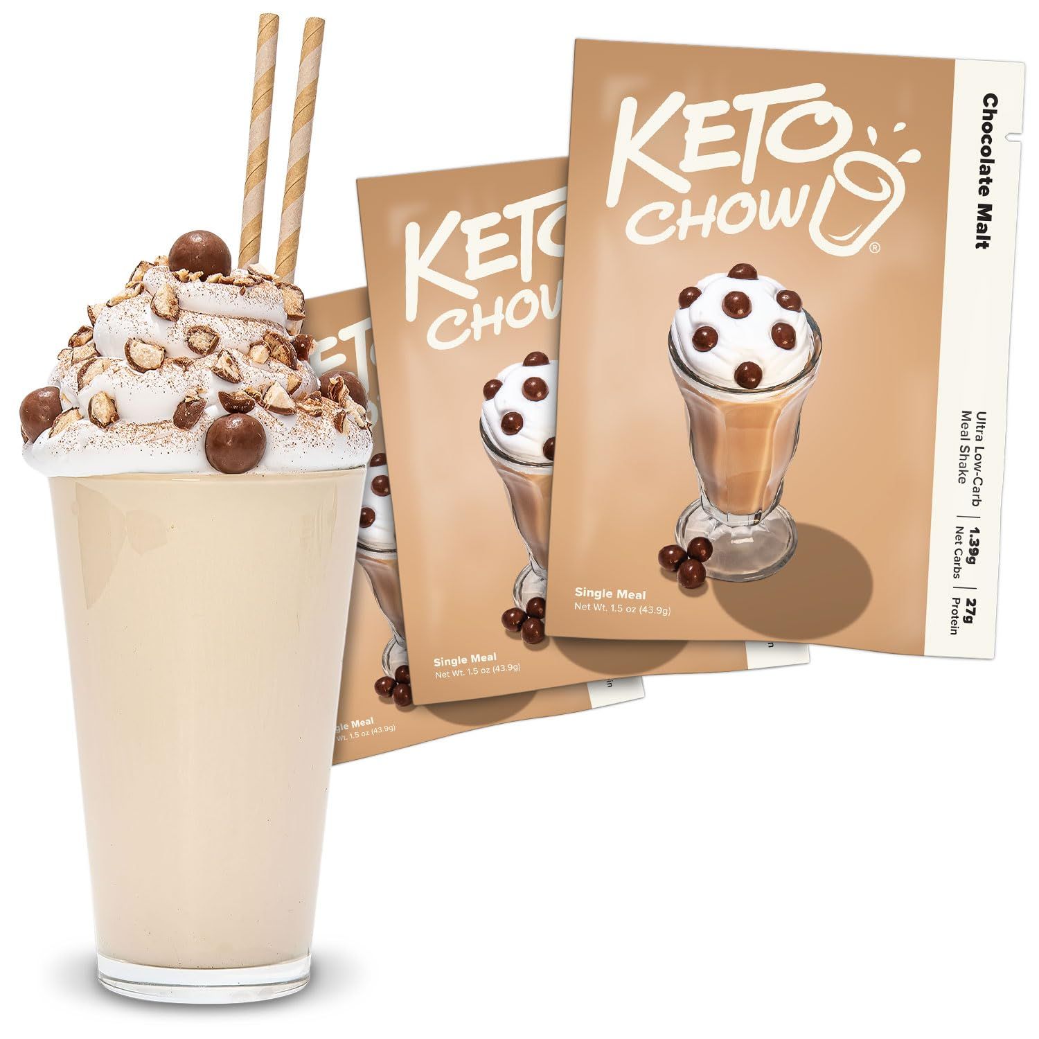 Keto Chow Chocolate Malt - Keto Meal Replacement Shake Powder - Nutritionally Complete - Low Carb - Delicious Easy Meal Substitute - Protein Rich Dairy Free - Single Meal - 3 Pack