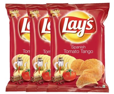 Lay&#39;s Spanish Potato Chips, Tomato Tango Flavour Crunchy Indian Chips for Snacks, 50g, Pack of 3