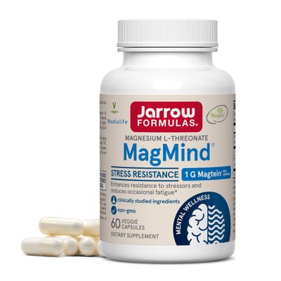 Jarrow Formulas MagMind Stress Resistance with Magtein 1g, L-Theanine and Rhodiolife, Dietary Supplement for Occasional Fatigue and Stress, 60 Veggie Capsules, 30 Day Supply