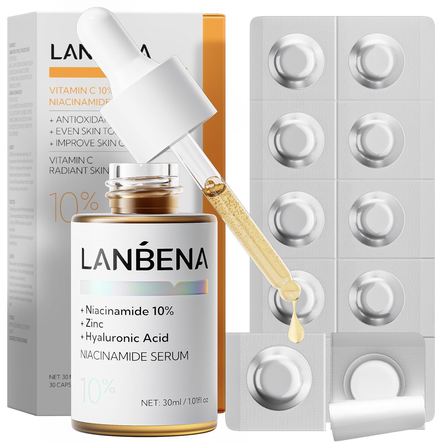 LANBENA Vitamin C Face Serum with Hyaluronic Acid, Brightening Anti-Aging Serum for Hydration, Pore Minimizing, Reduces Dark Spots Wrinkles, for All Skin Types