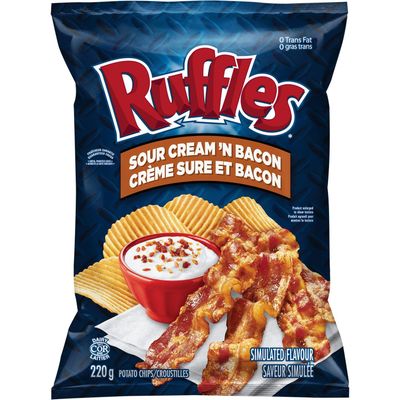 Lays Ruffles Sour Cream Bacon Potato Chips, Large Bag, Imported from Canada