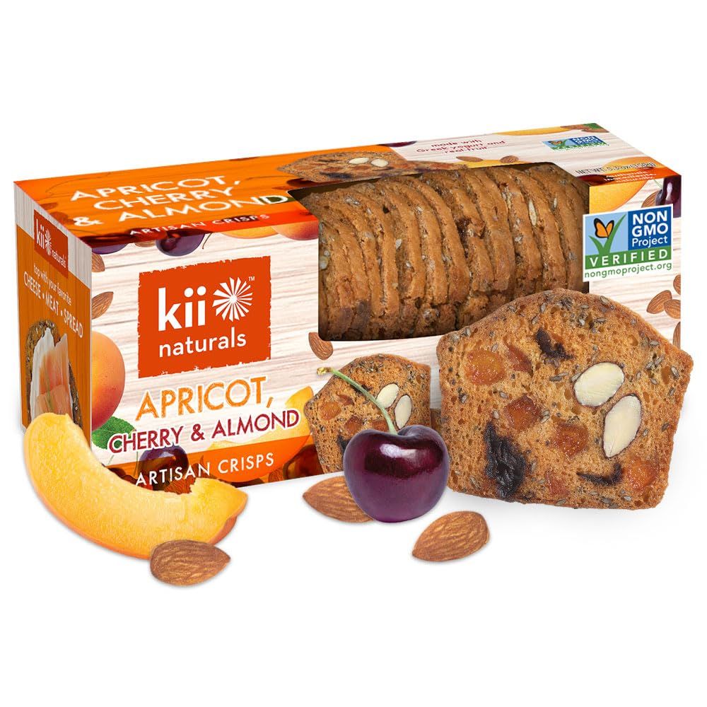 Kii Naturals Artisan Crisps, Healthy Snack Crackers for Cheese, Meats, Spreads, Charcuterie Board - Non-GMO, Kosher, No Preservatives, Hand-Crafted - Apricot, Cherry Almond, 5.3 Ounce (Pack of 1)