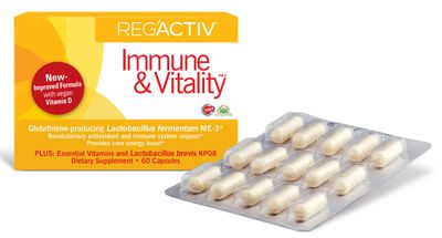 Reg&#39;Activ Immune Vitality with Lactobacillus fermentum ME-3, brevis KP08, Vegan Vitamin D3 and Vitamins C and B-Vitamins (B1, B2, B3 and B6) Essential for Health Maintenance