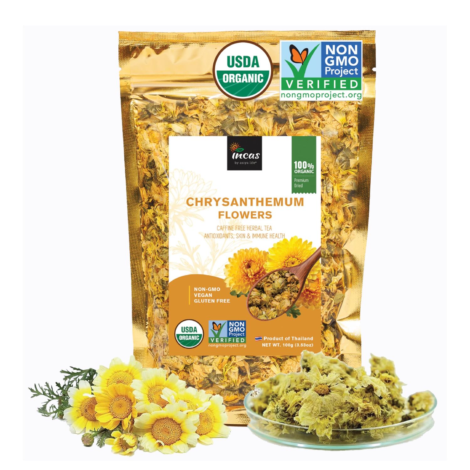 INCAS 100 USDA Organic Chrysanthemum Tea 3.53 oz (100 g) Non GMO Verified Dried Flowers Caffeine Free Gluten Free Vegan Rich in Antioxidants Sourced from Thailand