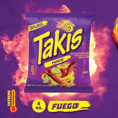 Takis Fuego Rolled Tortilla Chips, Hot Chili Pepper and Lime Artificially Flavored, Multipack Box with 20 Bags of 4 Ounces, Net Weight of 5 Pounds