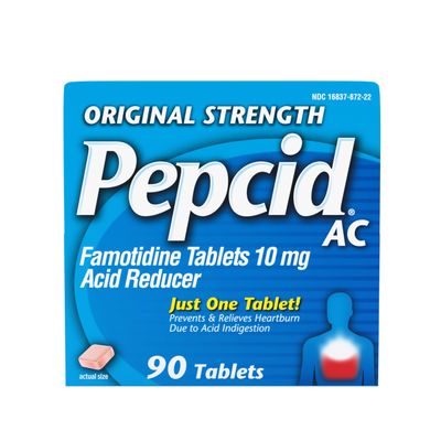 Pepcid AC Original Strength Heartburn Relief Tablets, OTC Medicine Prevents Relieves Heartburn Due to Acid Indigestion Sour Stomach, 10mg Famotidine Acid Reducer, Fast-Acting, 90 ct