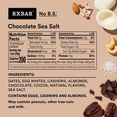 RXBAR Protein Bars, Protein Snack, Snack Bars, Chocolate Sea Salt, 18.3oz Box (10 Bars)