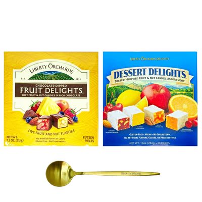 Liberty Orchards Chocolate-Dipped Fruit Delights Dessert Delights - Fruit and Nut Candies Turkish Delights Lokum Candy, Natural, Vegan, Gluten-Free 10oz and 7.5oz Pack of 2 with Golden Spoon