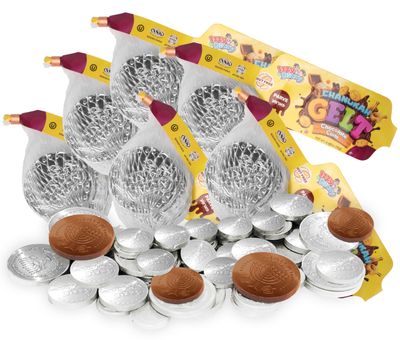 Hanukkah Gelt Coins Chocolate - Kosher Bittersweet Chocolate Coins Nut Free (Parve) - 6 Mesh Bags Filled with Menorah Embossed Hanukkah Gelt Coins