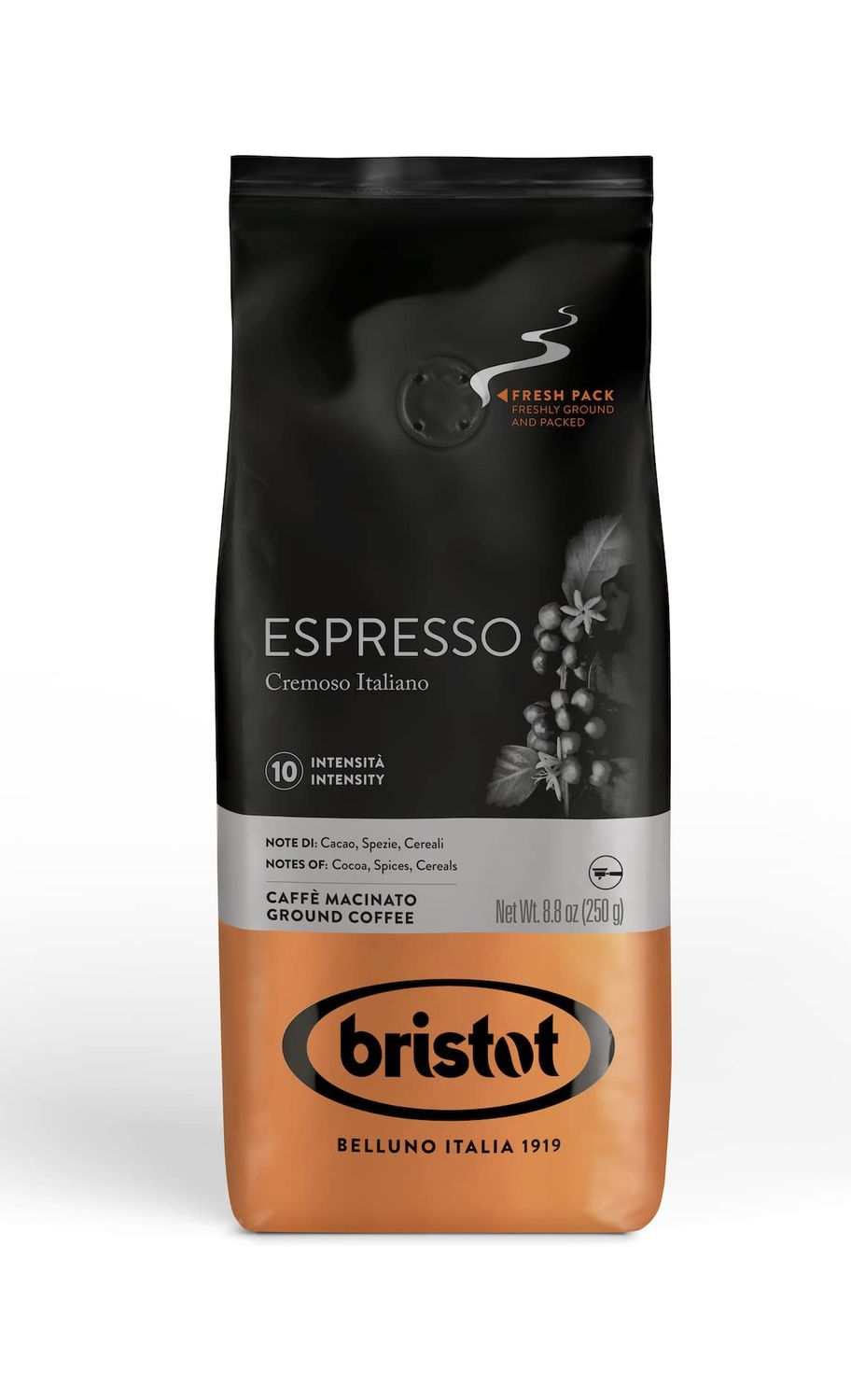 Bristot Espresso Cremoso Italiano Ground Coffee - Medium Roast, Rich Smooth - 8.8oz (250g) Bag - Italian Ground Espresso for Home Machines