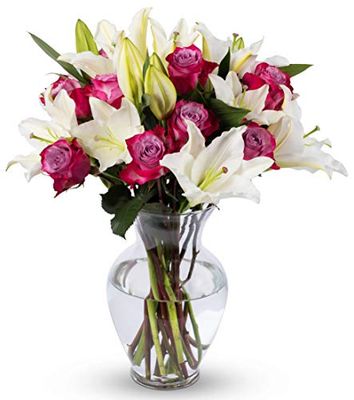Benchmark Bouquets - Oriental Lilies Lavender Roses (Glass Vase Included) - Fresh Flowers for Delivery - Gift for Graduation, Birthday, Anniversary, Sympathy, Get Well, Congratulations