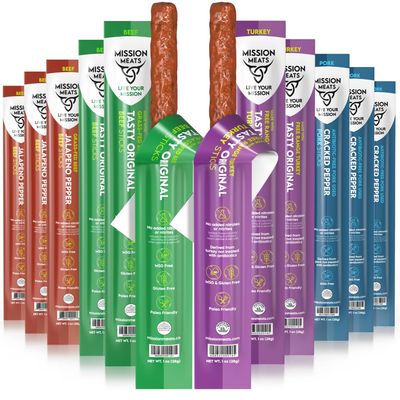 Mission Meats Variety Pack with 100 Grass Fed Beef, Free Range Turkey, and Cracked Pepper Pork Sticks - Gluten Sugar Free, Whole 30 and Paleo Friendly, 1oz (Pack of 12)