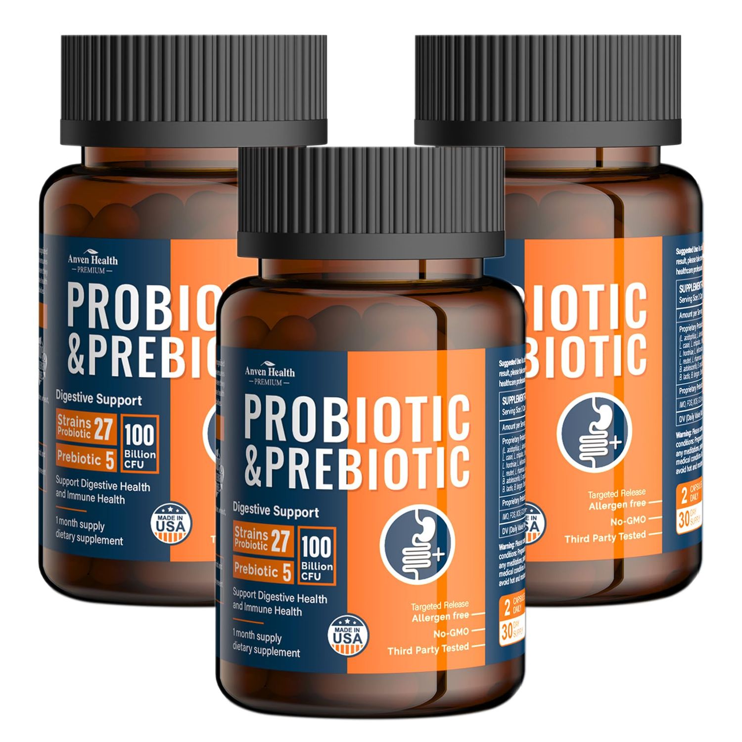 Anven Health 100 Billion Probiotics for Men and Women 27 Strains 5 Organic Prebiotics for Gut Digestive Immune Health, Supports Diarrhea Gas Bloating, Vegan Probiotic Supplement Formula 180 Caps