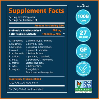 Anven Health 100 Billion Probiotics for Men and Women 27 Strains 5 Organic Prebiotics for Gut Digestive Immune Health, Supports Diarrhea Gas Bloating, Vegan Probiotic Supplement Formula 180 Caps