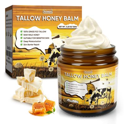 Beef Tallow for Face Body - 4 Oz Organic Grass-Fed Beef Tallow Balm with Raw Honey Blend - Moisturizing Cream for Soft, Smooth Skin -All-Natural Deep Nourishing Tallow Balm for All Skin Types