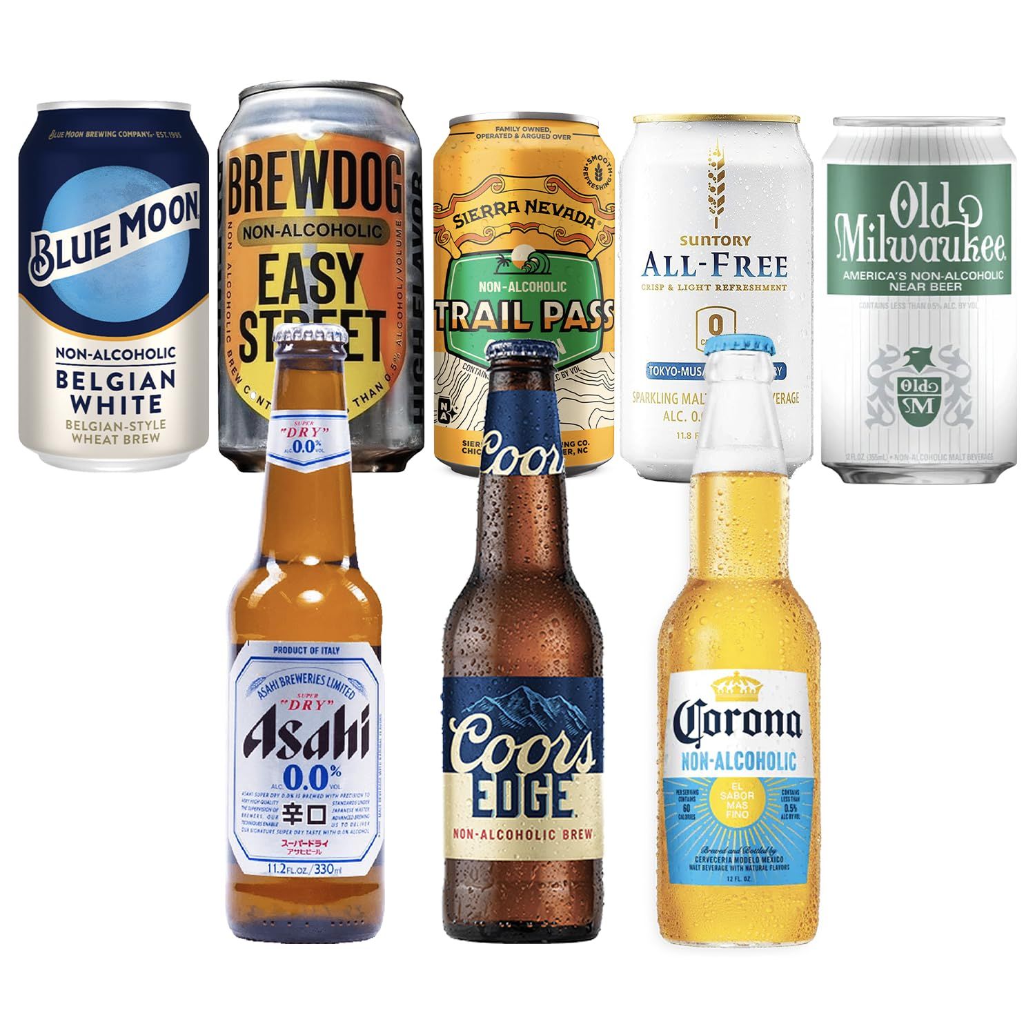 Ultimate Light Non-Alcoholic Beer Sampler 8 Pack - Includes Blue Moon, Brewdog, Sierra Nevada, Coors, Old Milwaukee, Suntory, Asahi, and Corona - Premium Alcohol-Free Light Beers